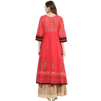 Red cotton block prints long anarkali kurti 4