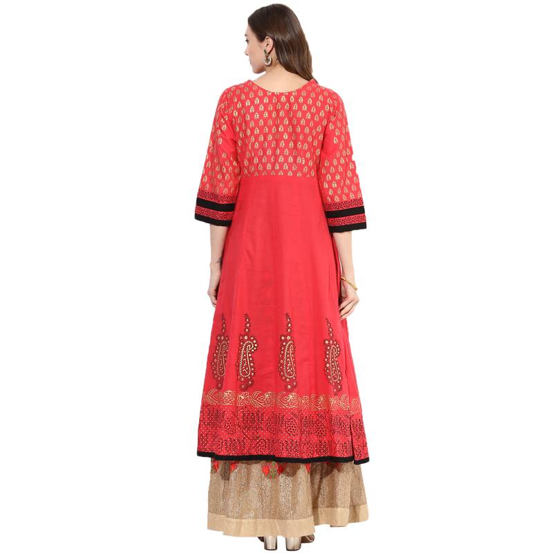 Red cotton block prints long anarkali kurti