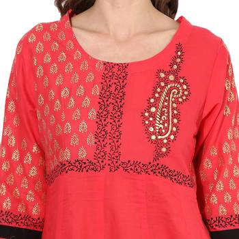 Red cotton block prints long anarkali kurti 5