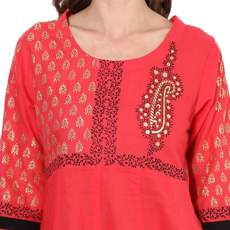 Red cotton block prints long anarkali kurti