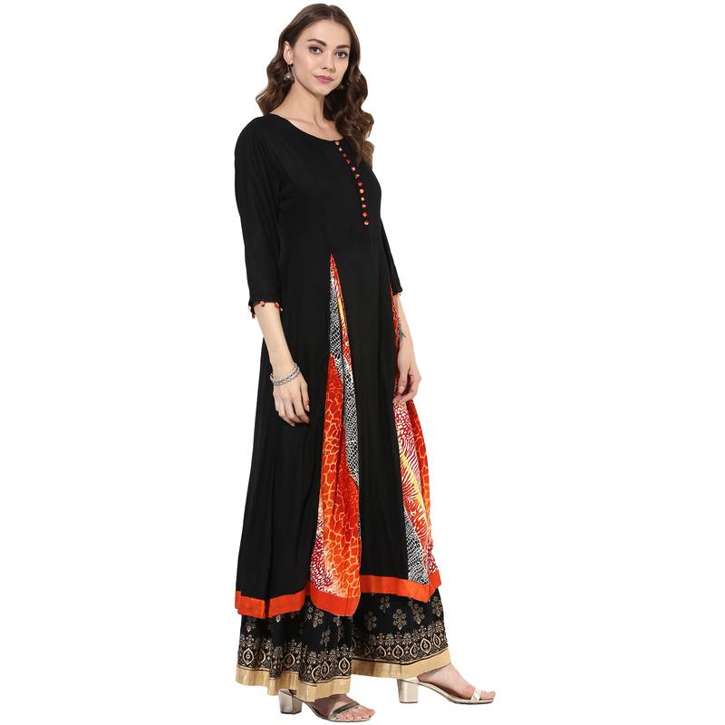 Black rayon digital prints long anarkali kurti