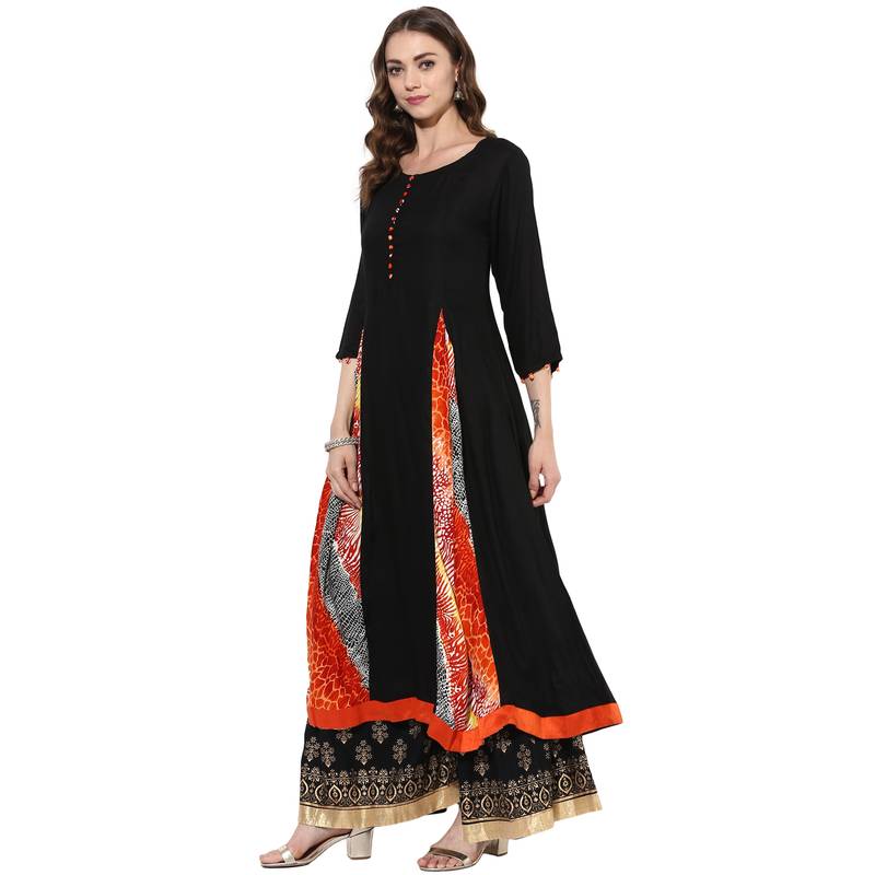 Black rayon digital prints long anarkali kurti