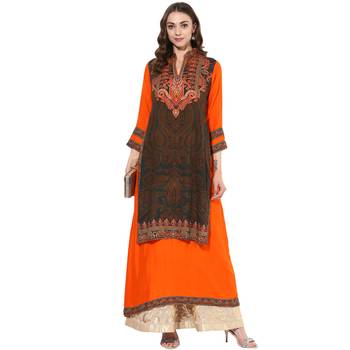 Orange rayon digital prints dual layer long anarkali kurti 1