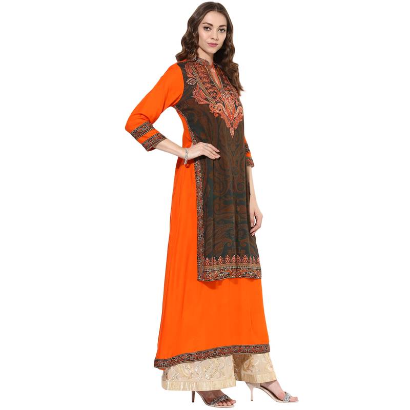 Orange rayon digital prints dual layer long anarkali kurti