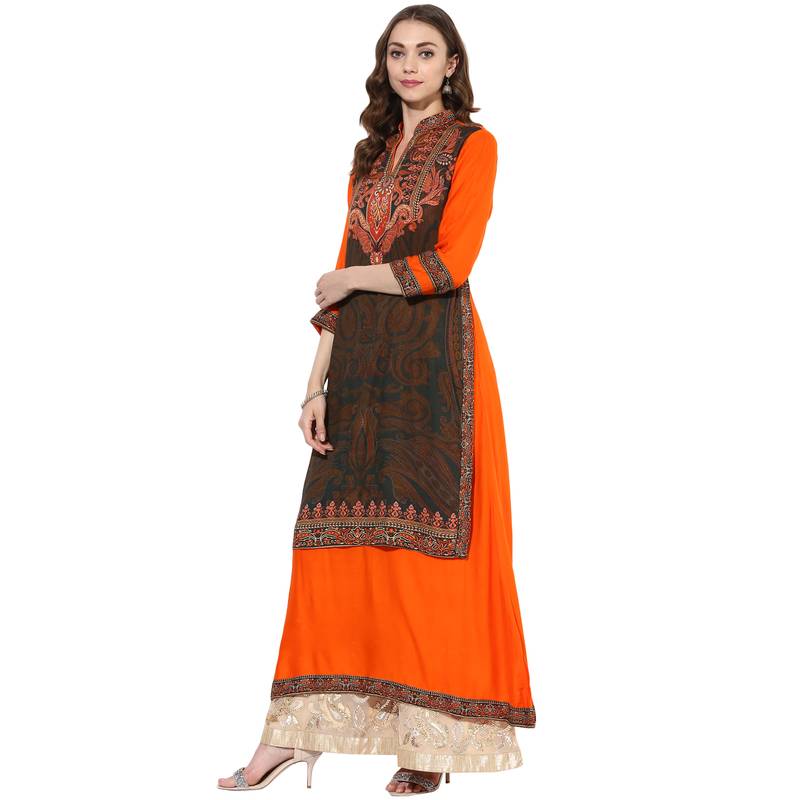 Orange rayon digital prints dual layer long anarkali kurti
