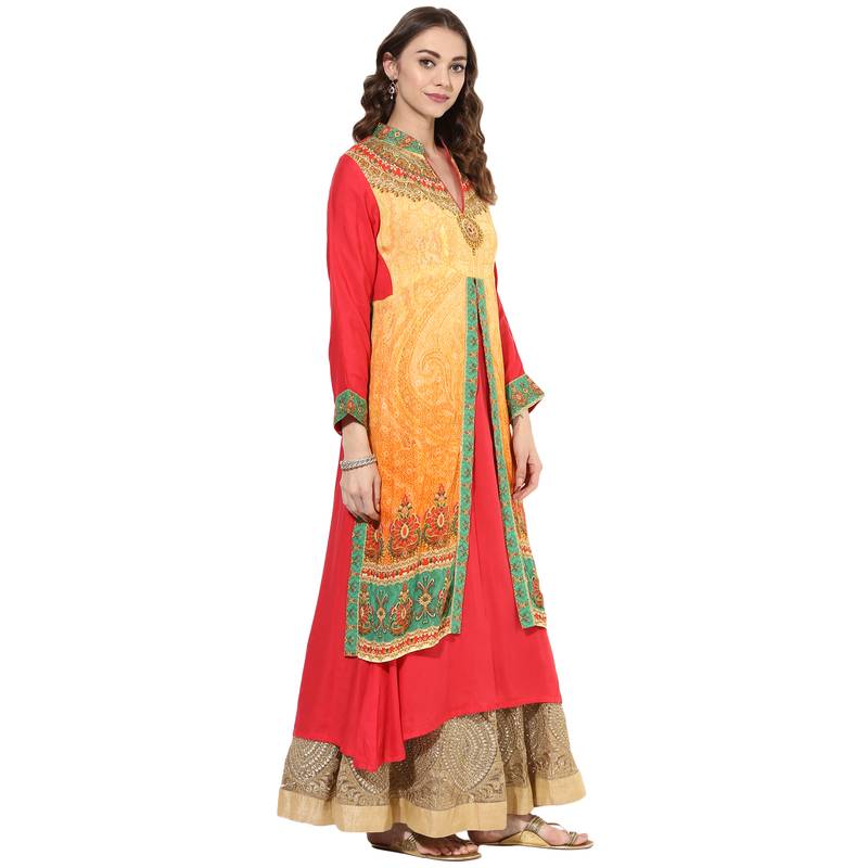 Red rayon digital prints dual layer long anarkali