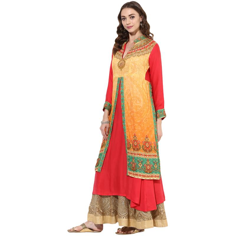 Red rayon digital prints dual layer long anarkali