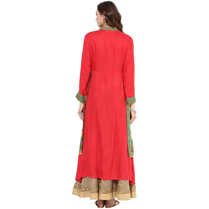 Red rayon digital prints dual layer long anarkali