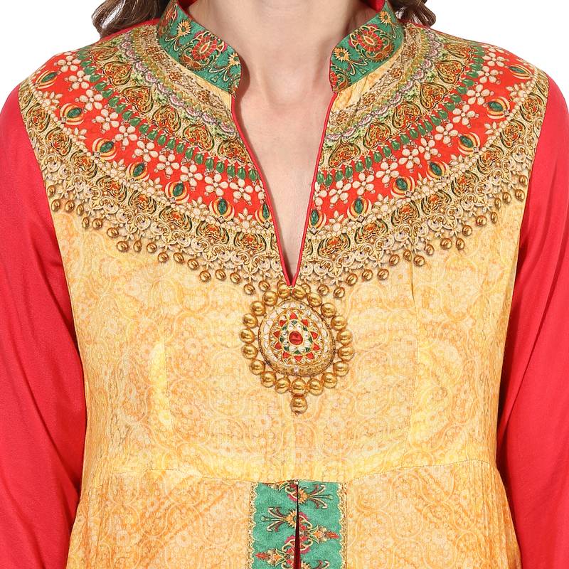 Red rayon digital prints dual layer long anarkali