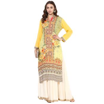 Yellow rayon digital prints long straight kurti 1