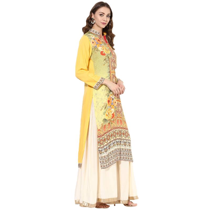 Yellow rayon digital prints long straight kurti