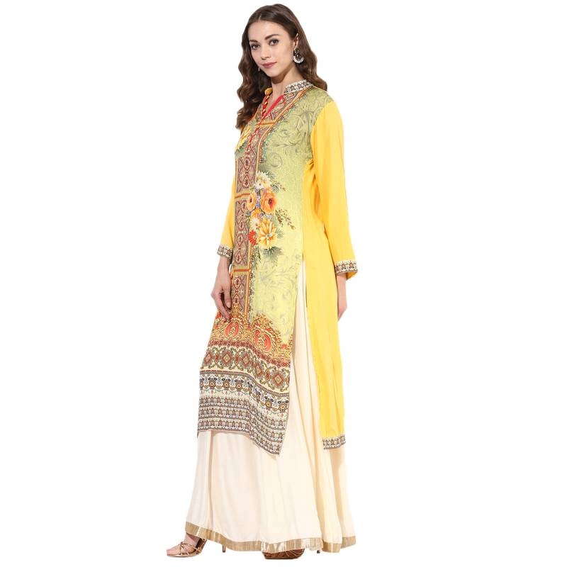 Yellow rayon digital prints long straight kurti