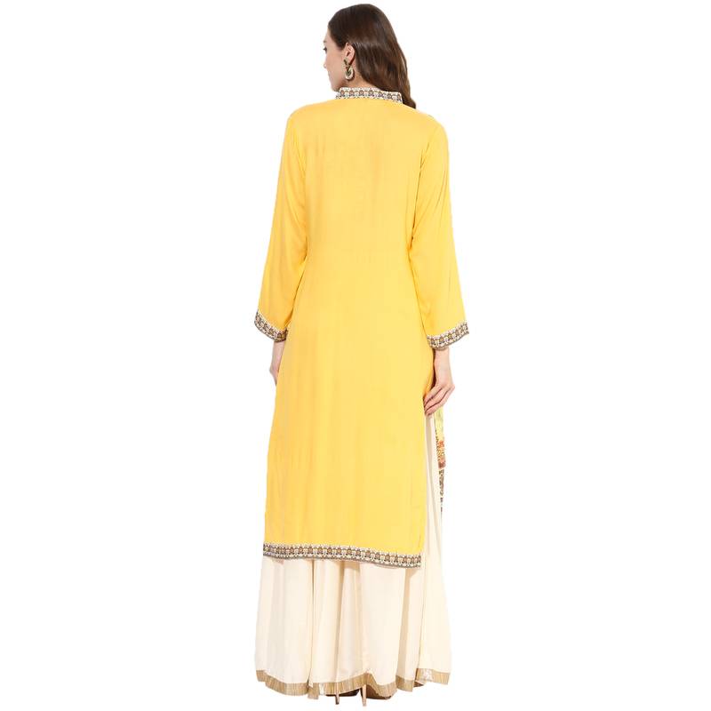 Yellow rayon digital prints long straight kurti