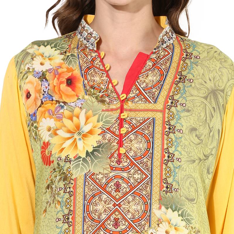 Yellow rayon digital prints long straight kurti