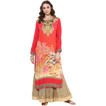 Red rayon digital prints long straight kurti 1