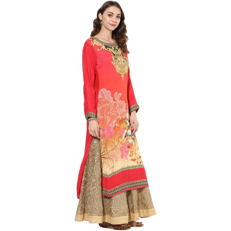 Red rayon digital prints long straight kurti