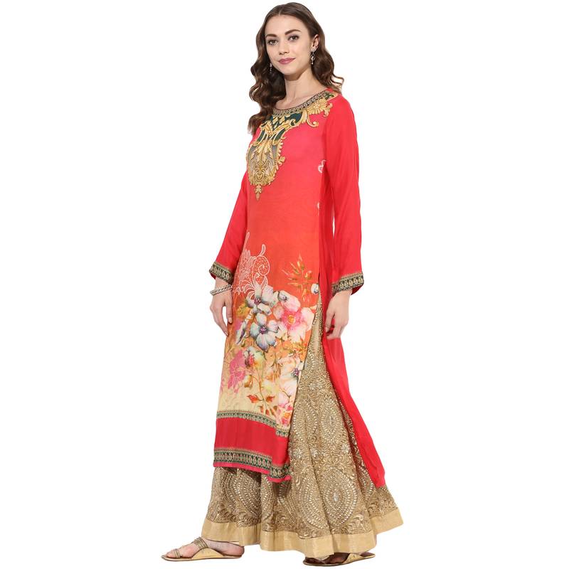 Red rayon digital prints long straight kurti