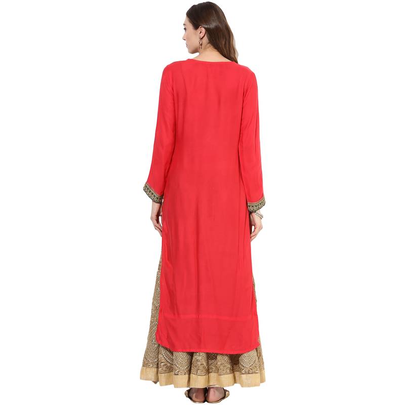 Red rayon digital prints long straight kurti
