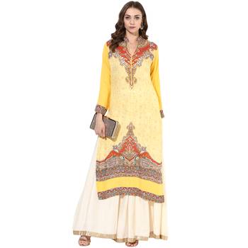 Yellow rayon digital prints long straight kurti 1