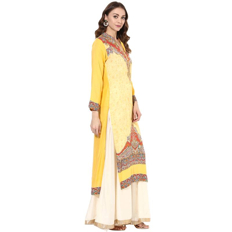 Yellow rayon digital prints long straight kurti