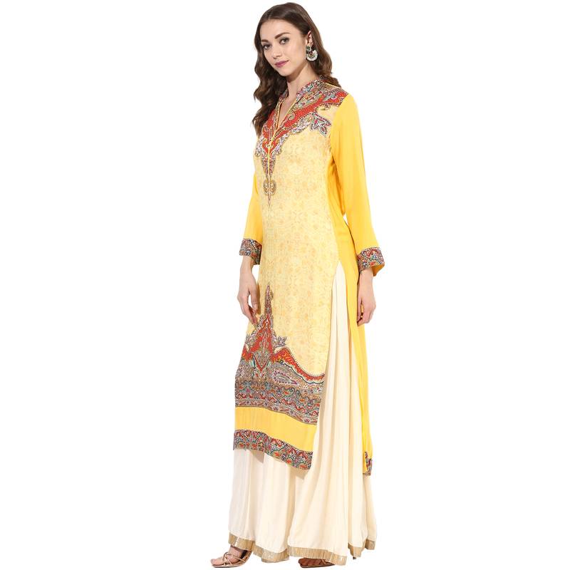 Yellow rayon digital prints long straight kurti