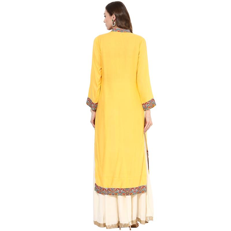 Yellow rayon digital prints long straight kurti