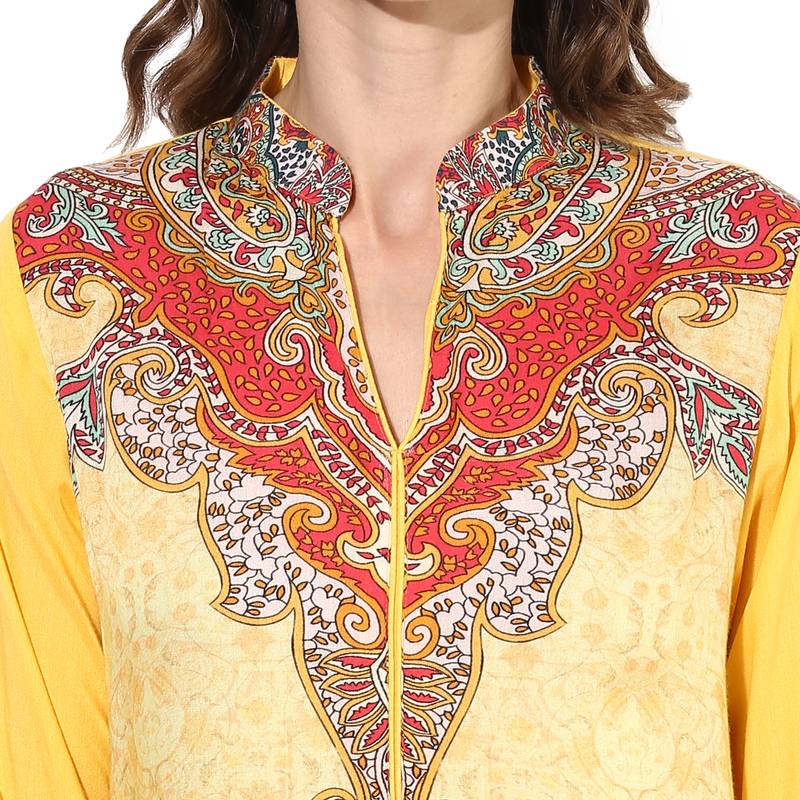 Yellow rayon digital prints long straight kurti