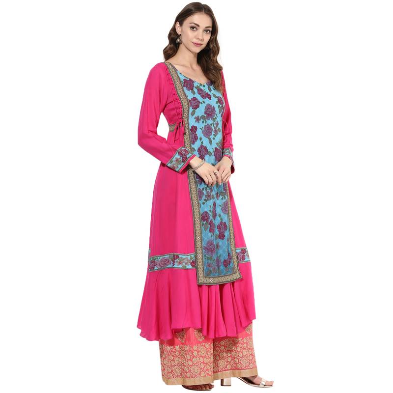 Pink rayon digital prints dual layer long anarkali kurti