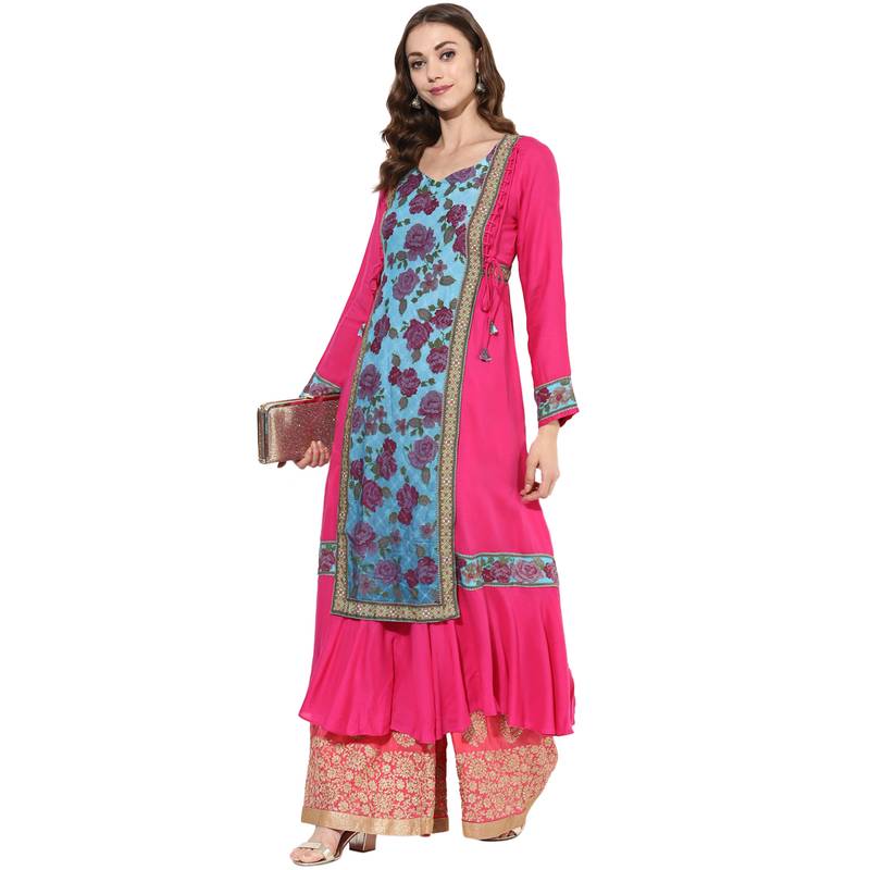 Pink rayon digital prints dual layer long anarkali kurti