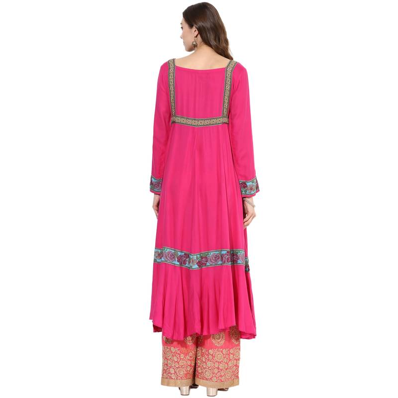 Pink rayon digital prints dual layer long anarkali kurti