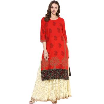 Red cotton block prints long straight kurti 1