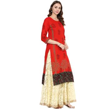 Red cotton block prints long straight kurti 2