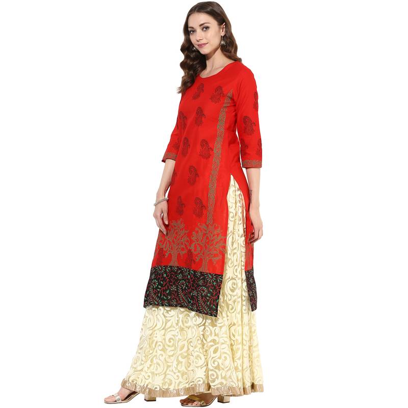 Red cotton block prints long straight kurti