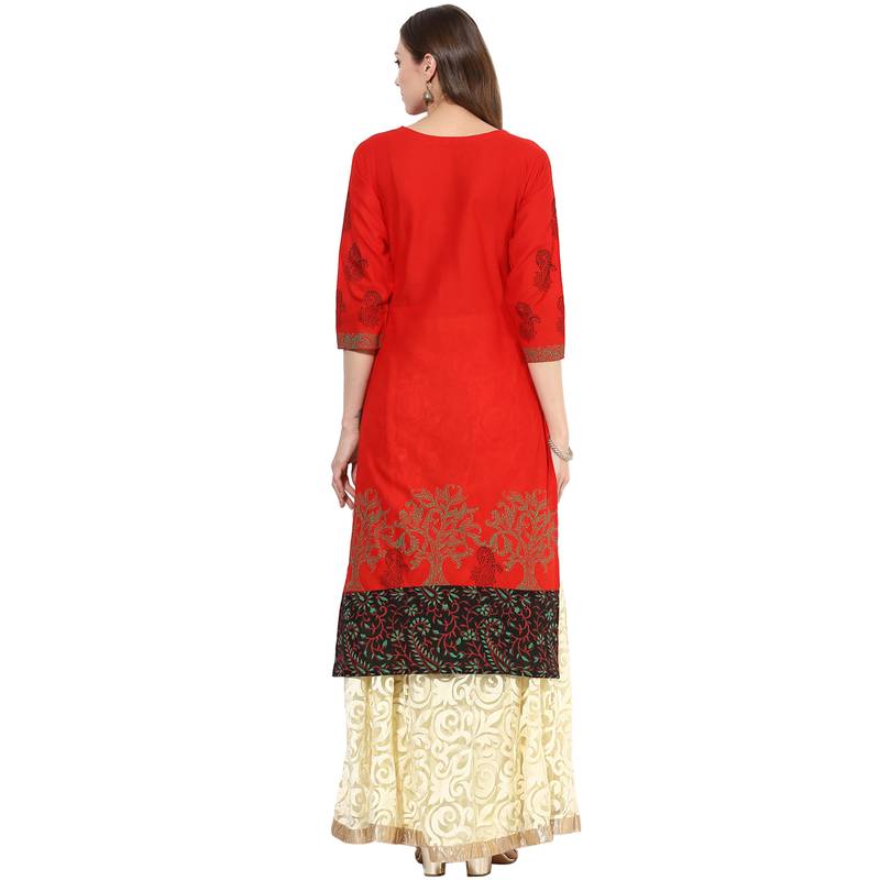 Red cotton block prints long straight kurti