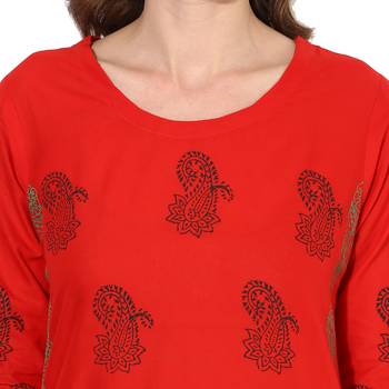 Red cotton block prints long straight kurti 5