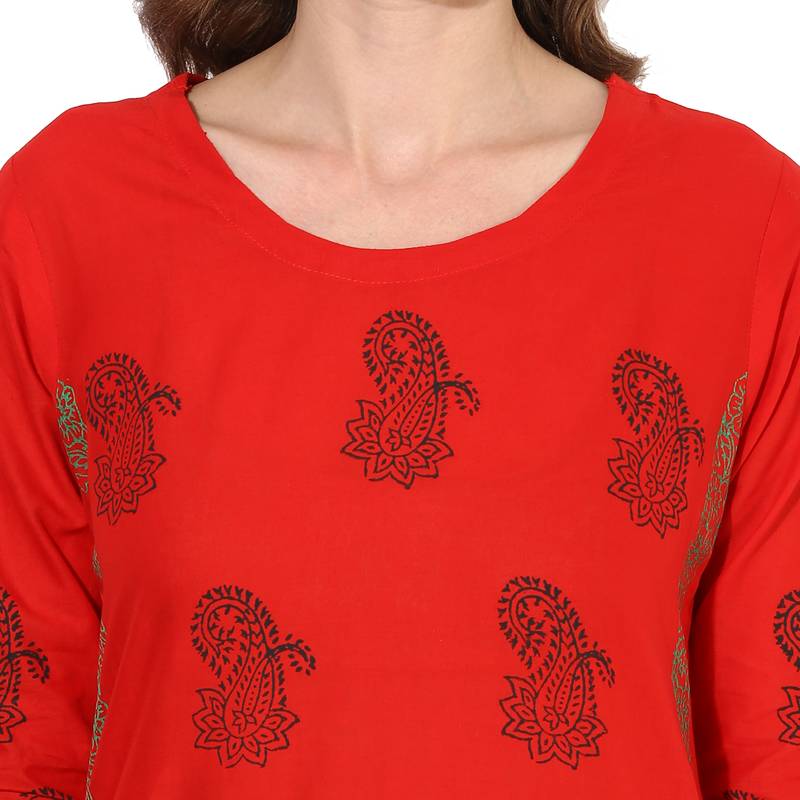 Red cotton block prints long straight kurti