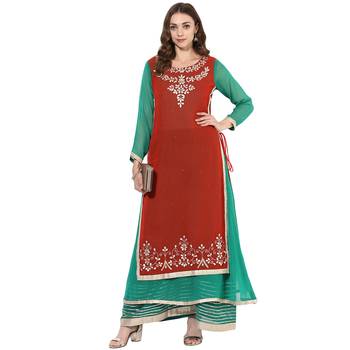 Red and green georgette gota work dual layer long anarkali kurti 1