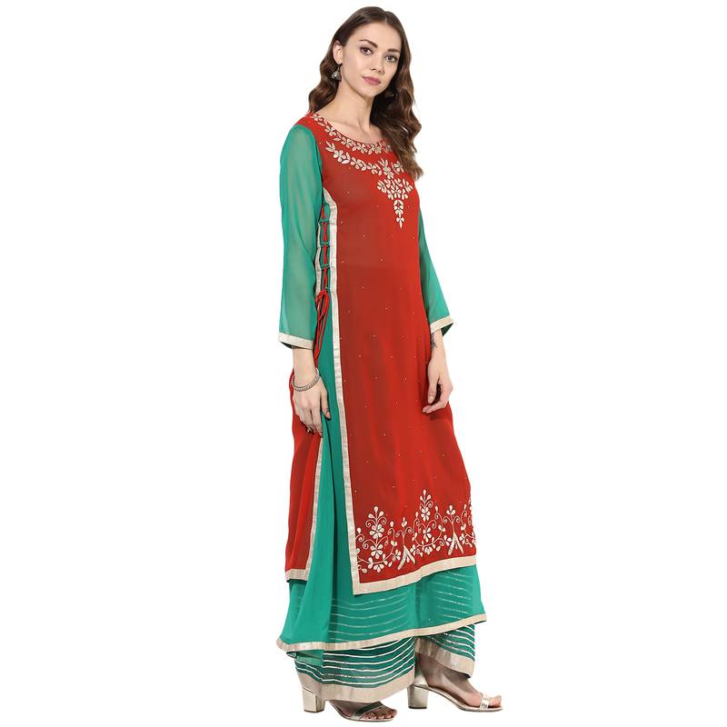 Red and green georgette gota work dual layer long anarkali kurti