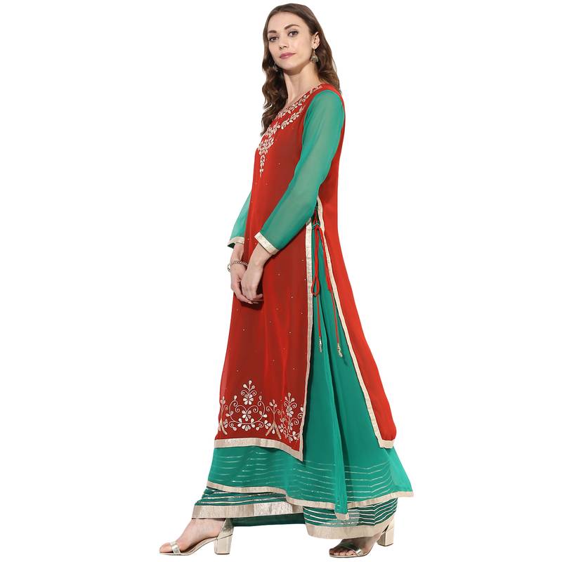 Red and green georgette gota work dual layer long anarkali kurti