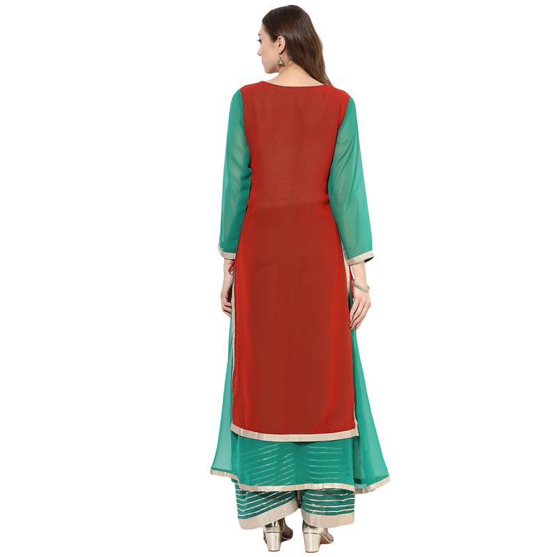 Red and green georgette gota work dual layer long anarkali kurti