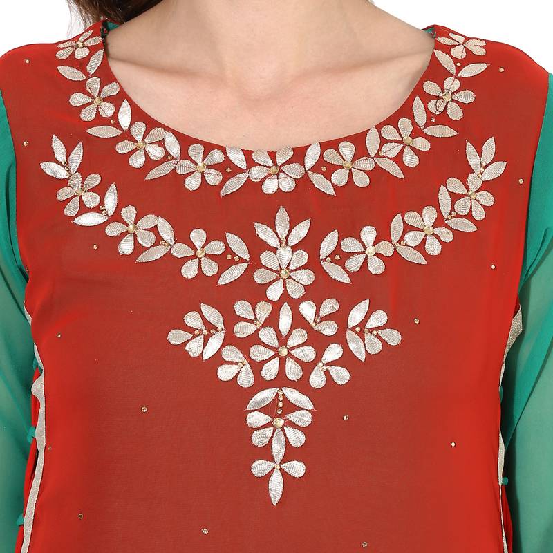 Red and green georgette gota work dual layer long anarkali kurti