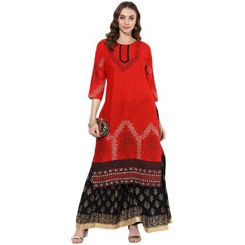 Red cotton block prints long straight kurti 1