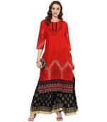 Red cotton block prints long straight kurti
