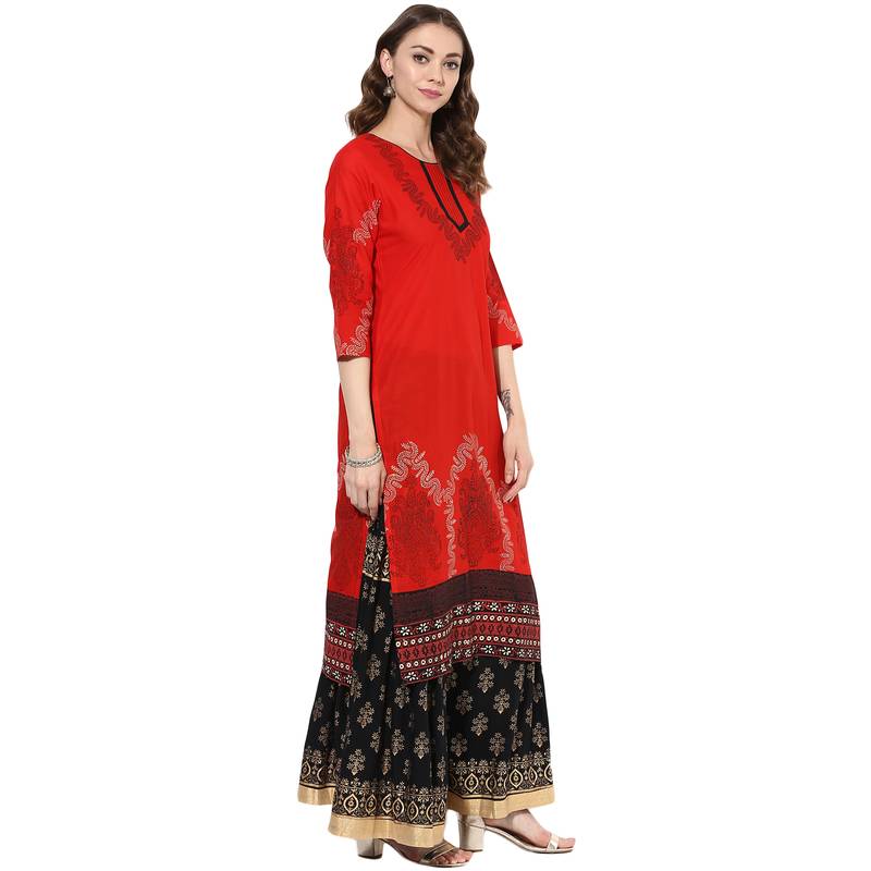 Red cotton block prints long straight kurti