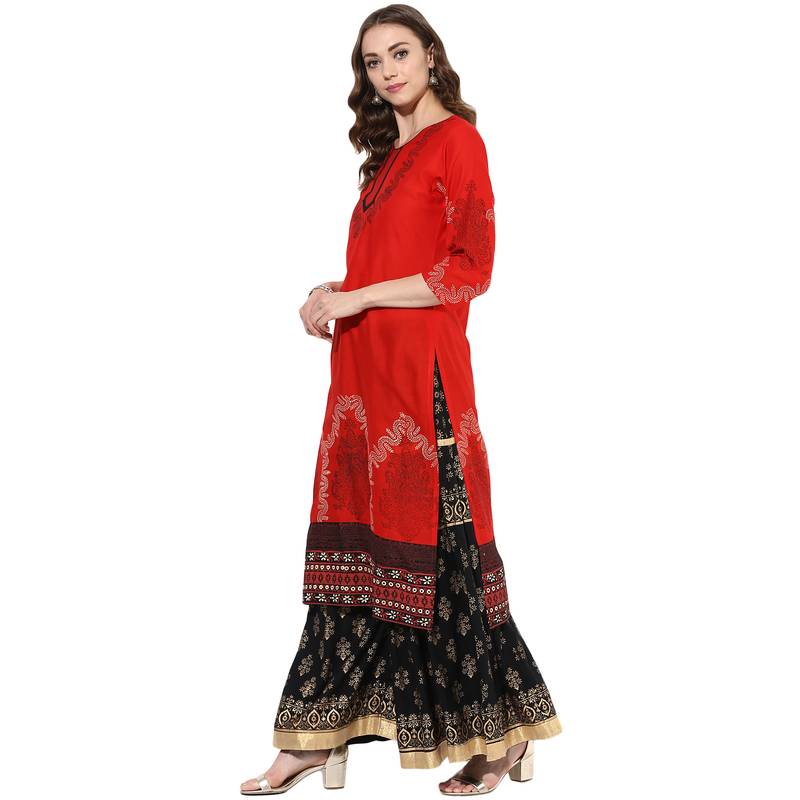 Red cotton block prints long straight kurti