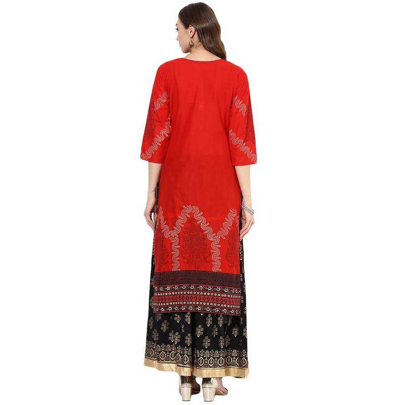 Red cotton block prints long straight kurti