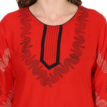 Red cotton block prints long straight kurti 5