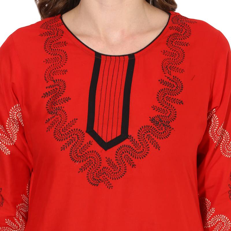 Red cotton block prints long straight kurti