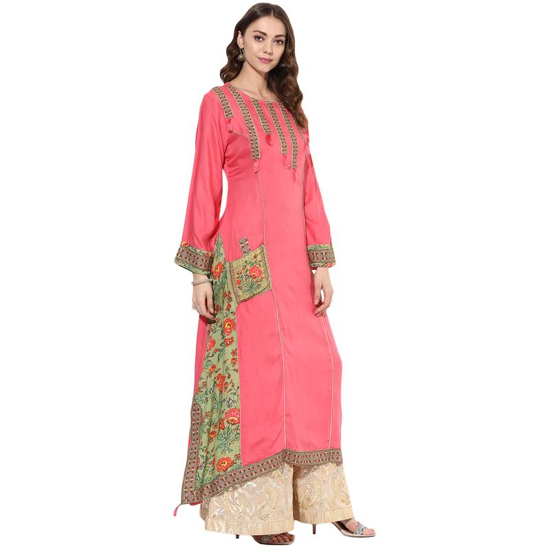 Peach rayon digital prints dual layer long anarkali kurti