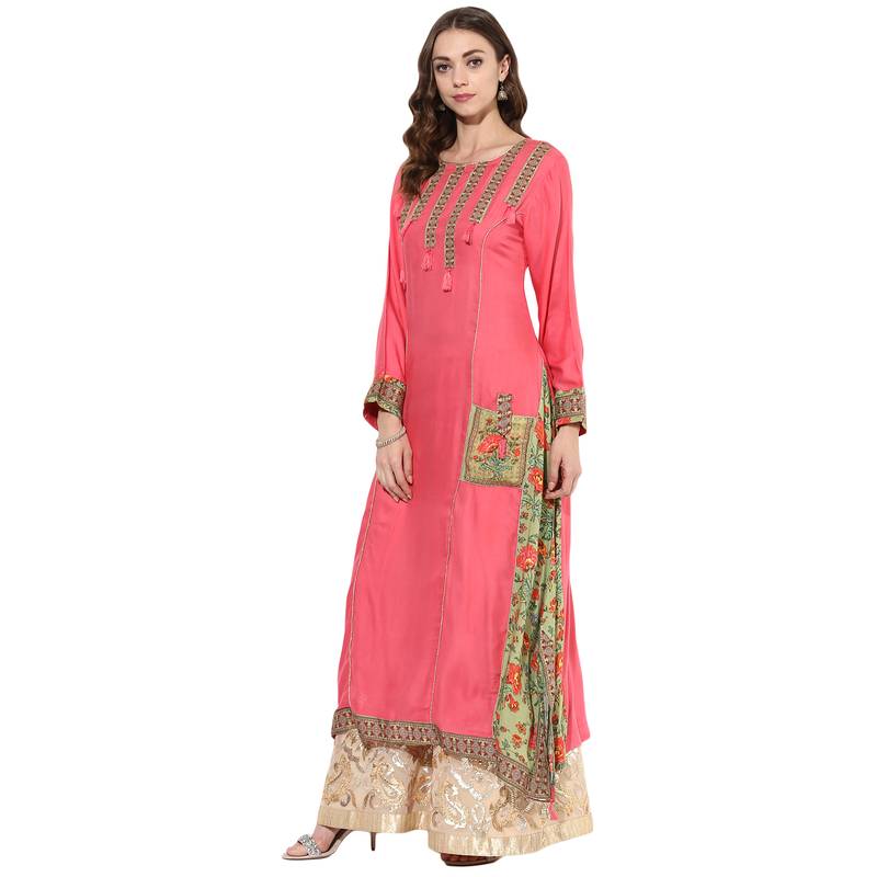 Peach rayon digital prints dual layer long anarkali kurti